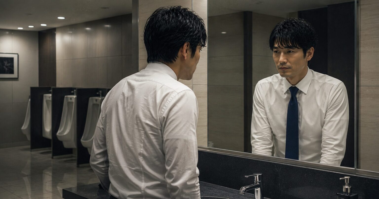 洗面所の鏡で自分と向き合う40代男性