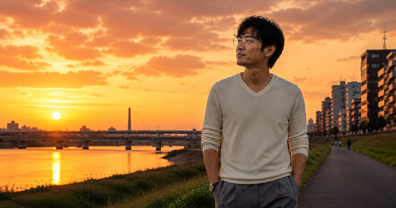 夕暮れの川辺に立つ40代男性