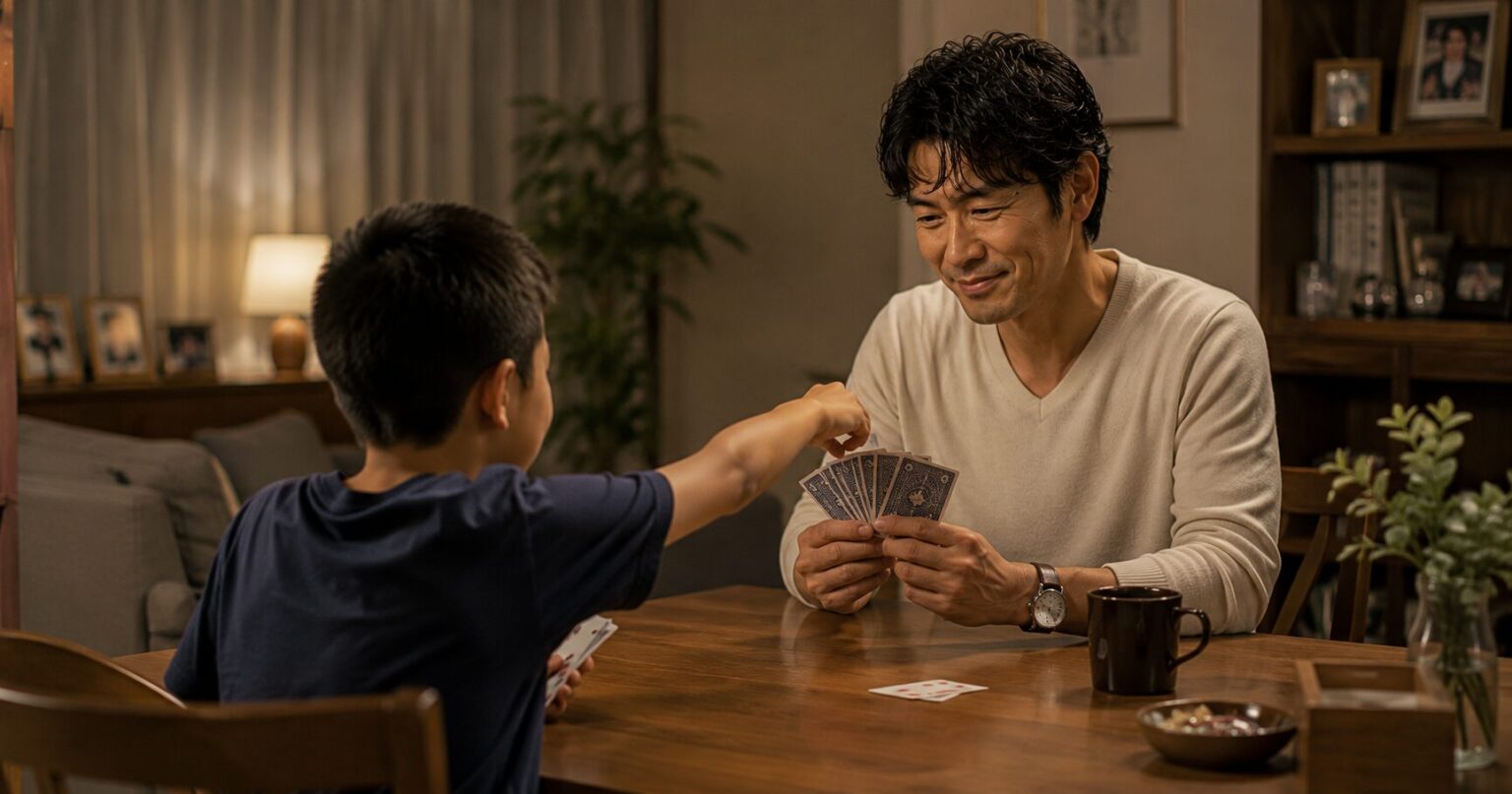自宅でトランプをする40代男性と子供