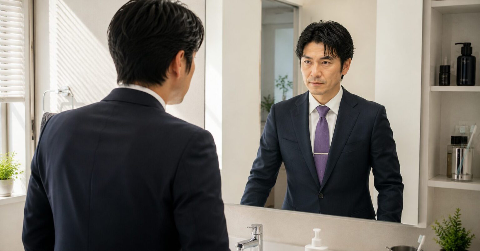 鏡越しに自身を持って自分自身と向き合う40代男性