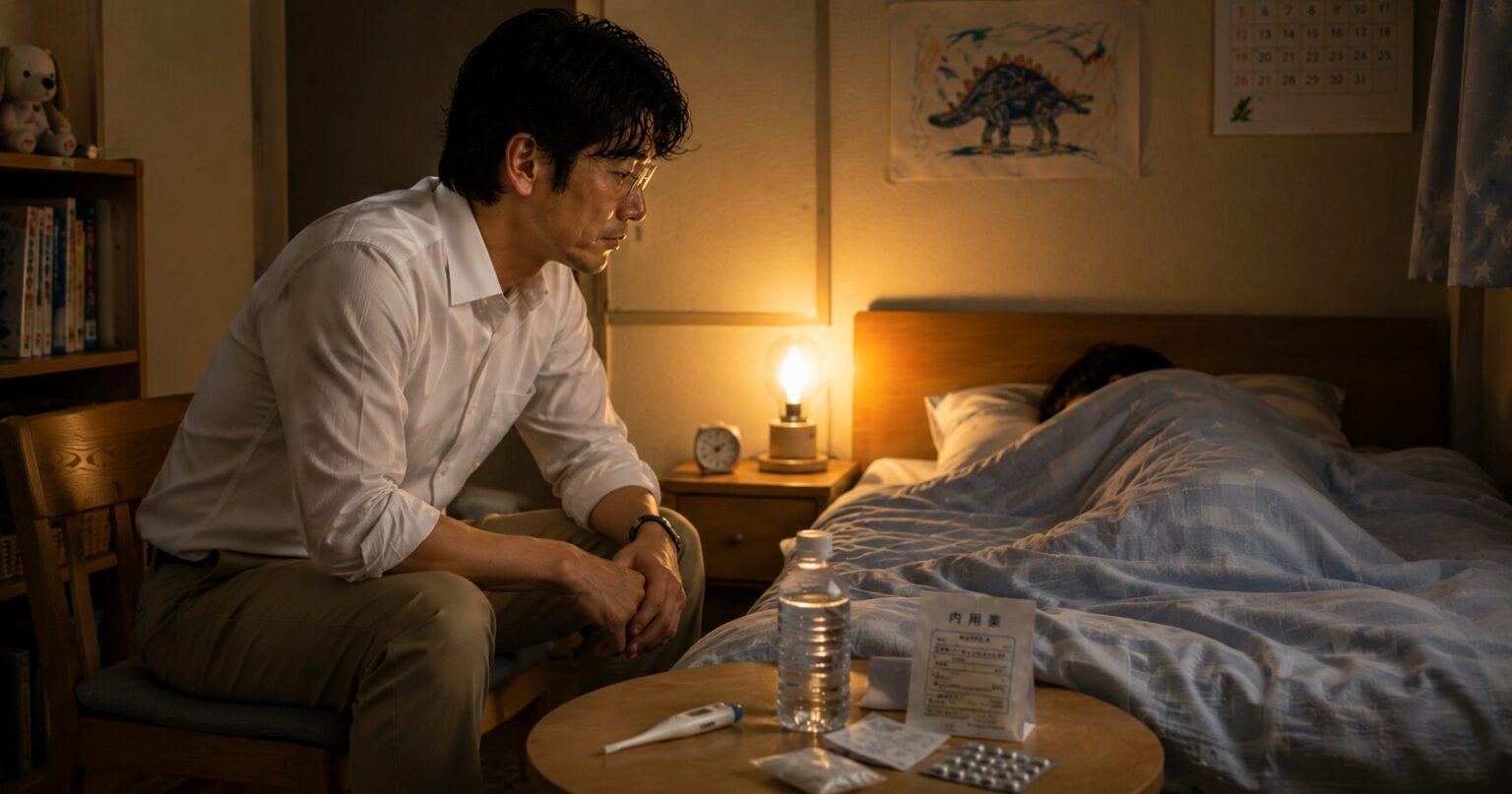 夜、ベッドで病気の子供の看病をする40代男性