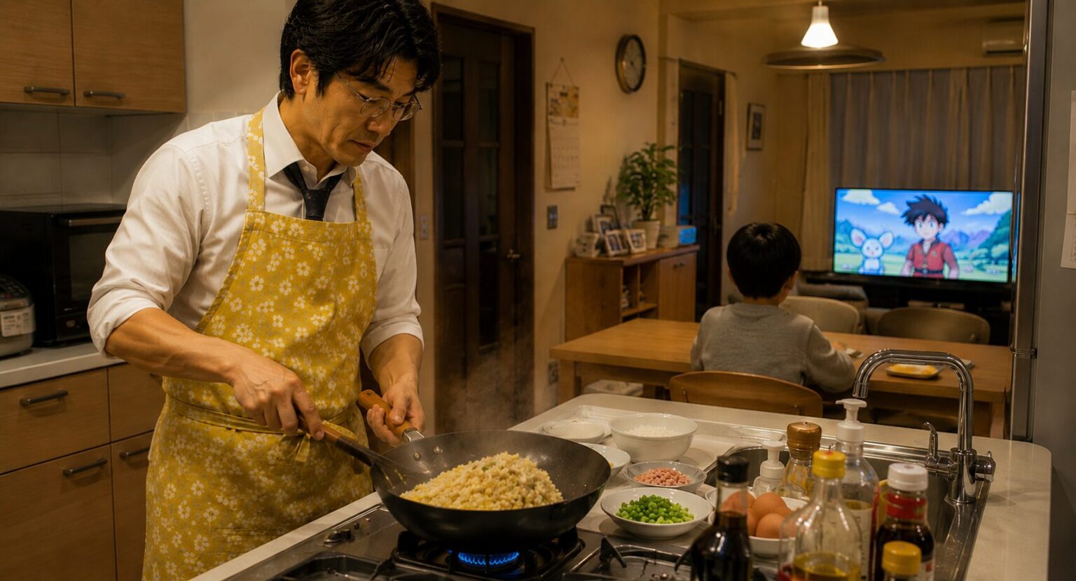 キッチンで料理をしながら家族と過ごす40代男性