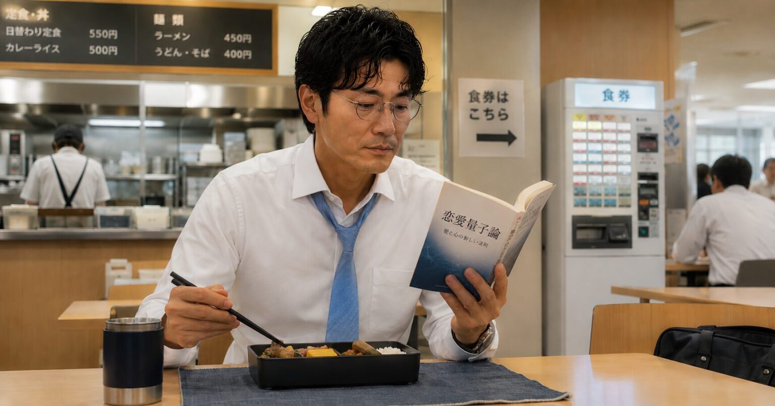 社員食堂で一人静かに読書しながら食事をする40代男性