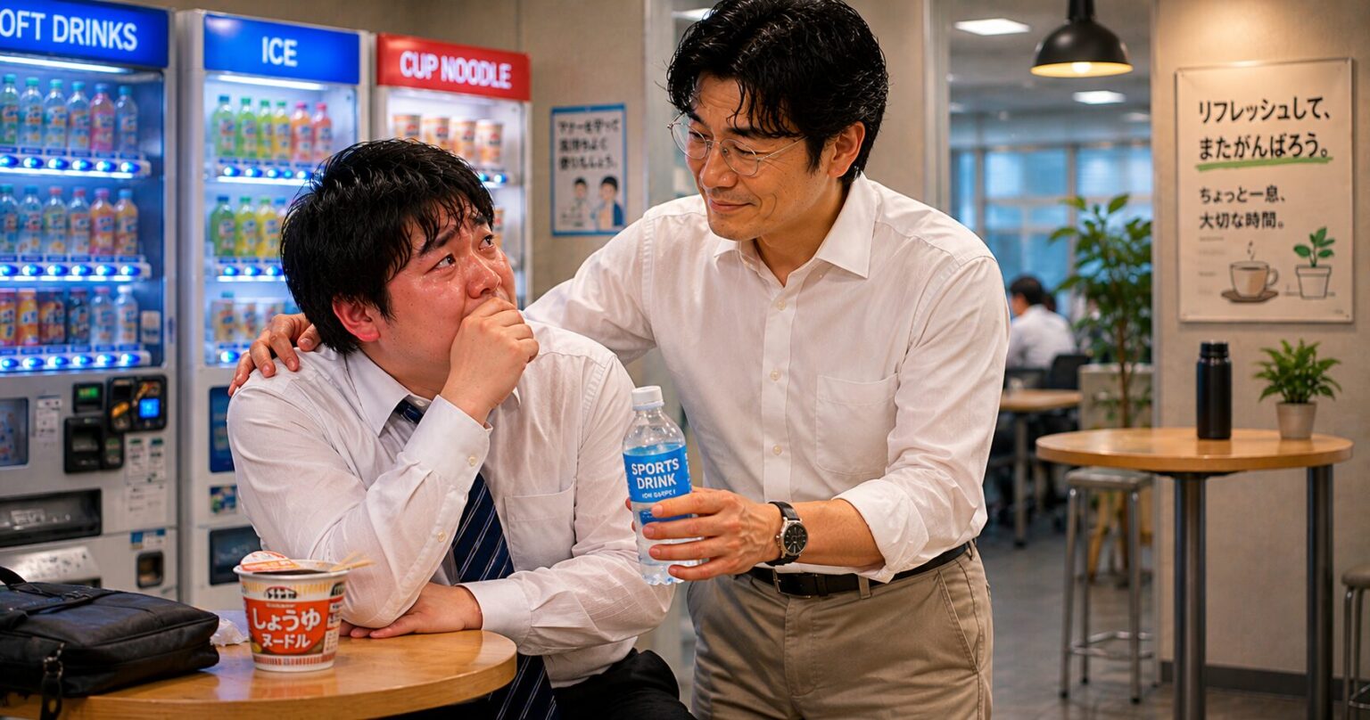 オフィスの自動販売機前で同僚を励ます40代男性
