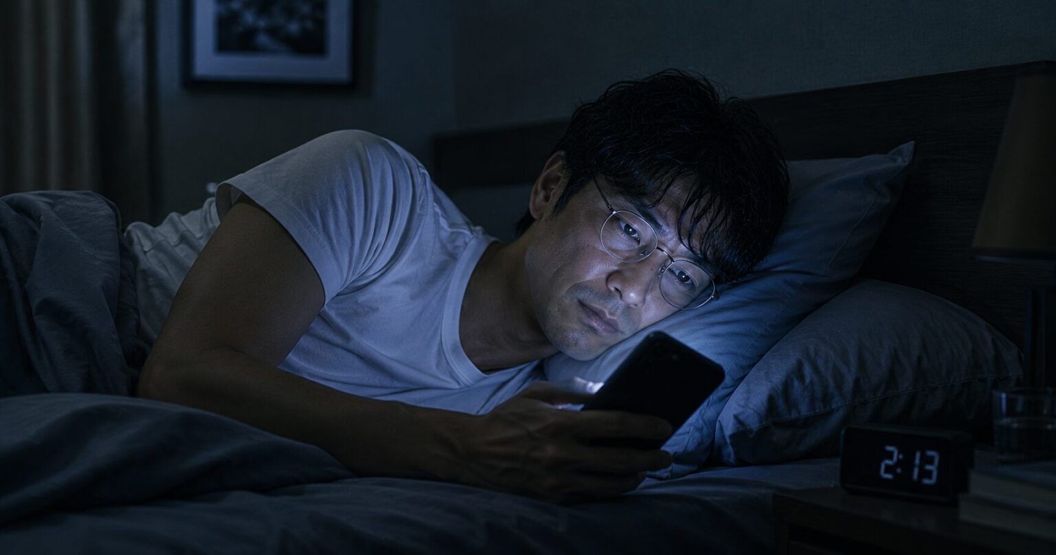 夜、ベッドでスマホを見続ける40代男性