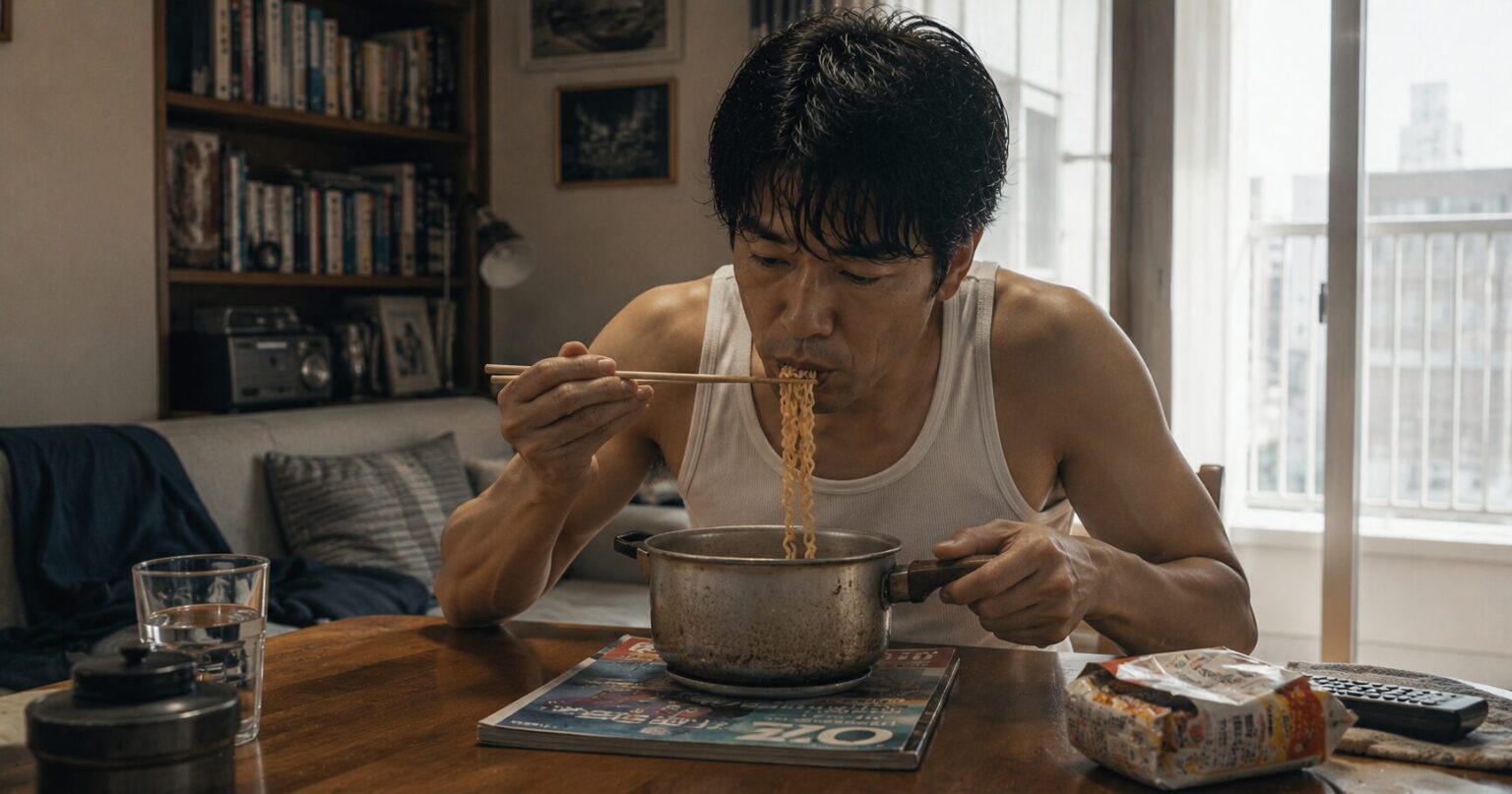 一人息子と暮らす自宅で食事をする40代男性