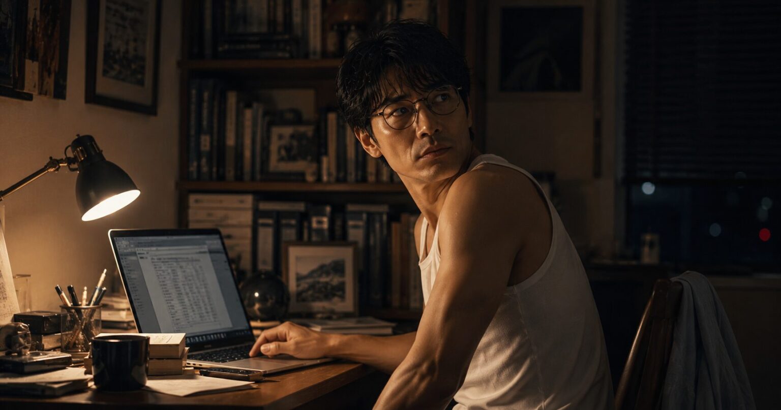 パソコンでプロフィールを書く40代男性の自宅
