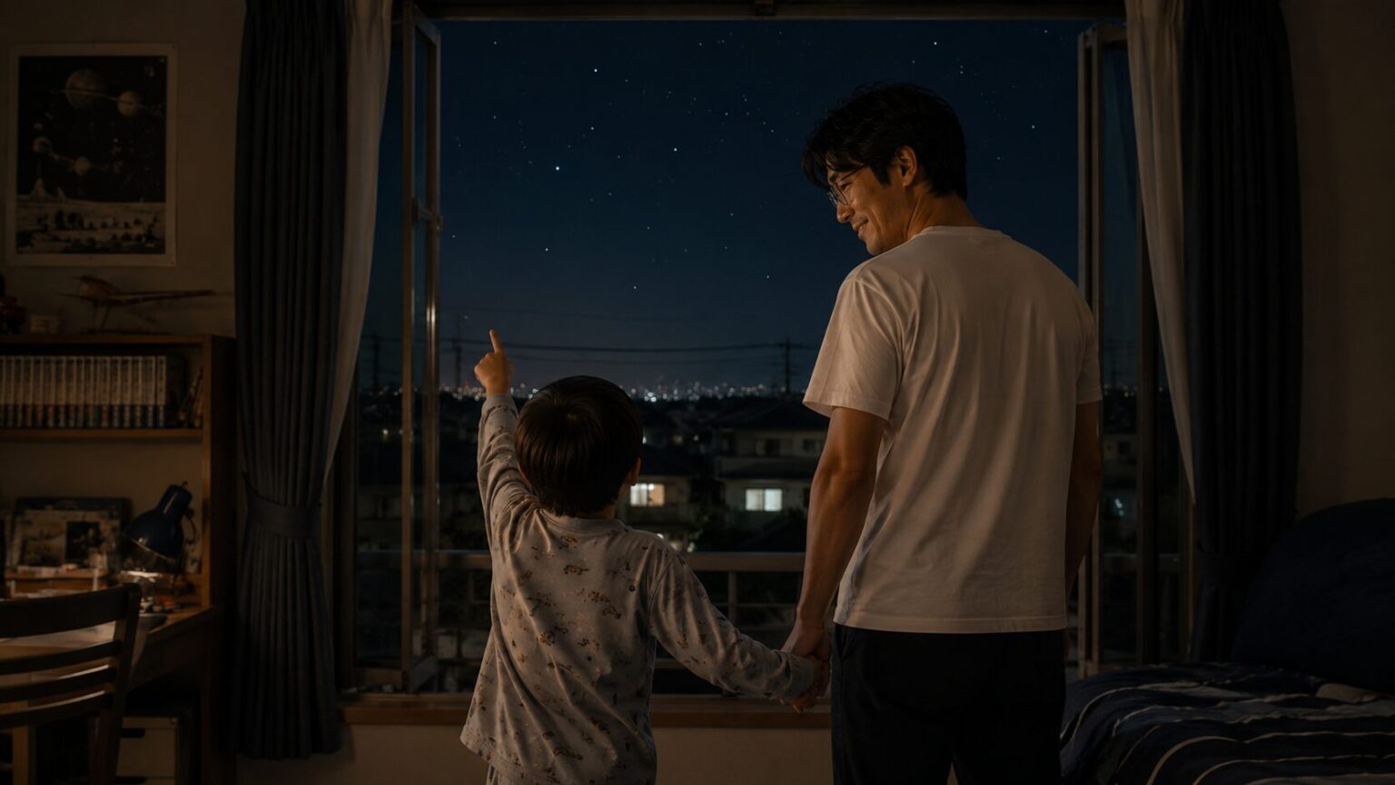 窓を開けて小学生の息子と夜空をながめる40代男