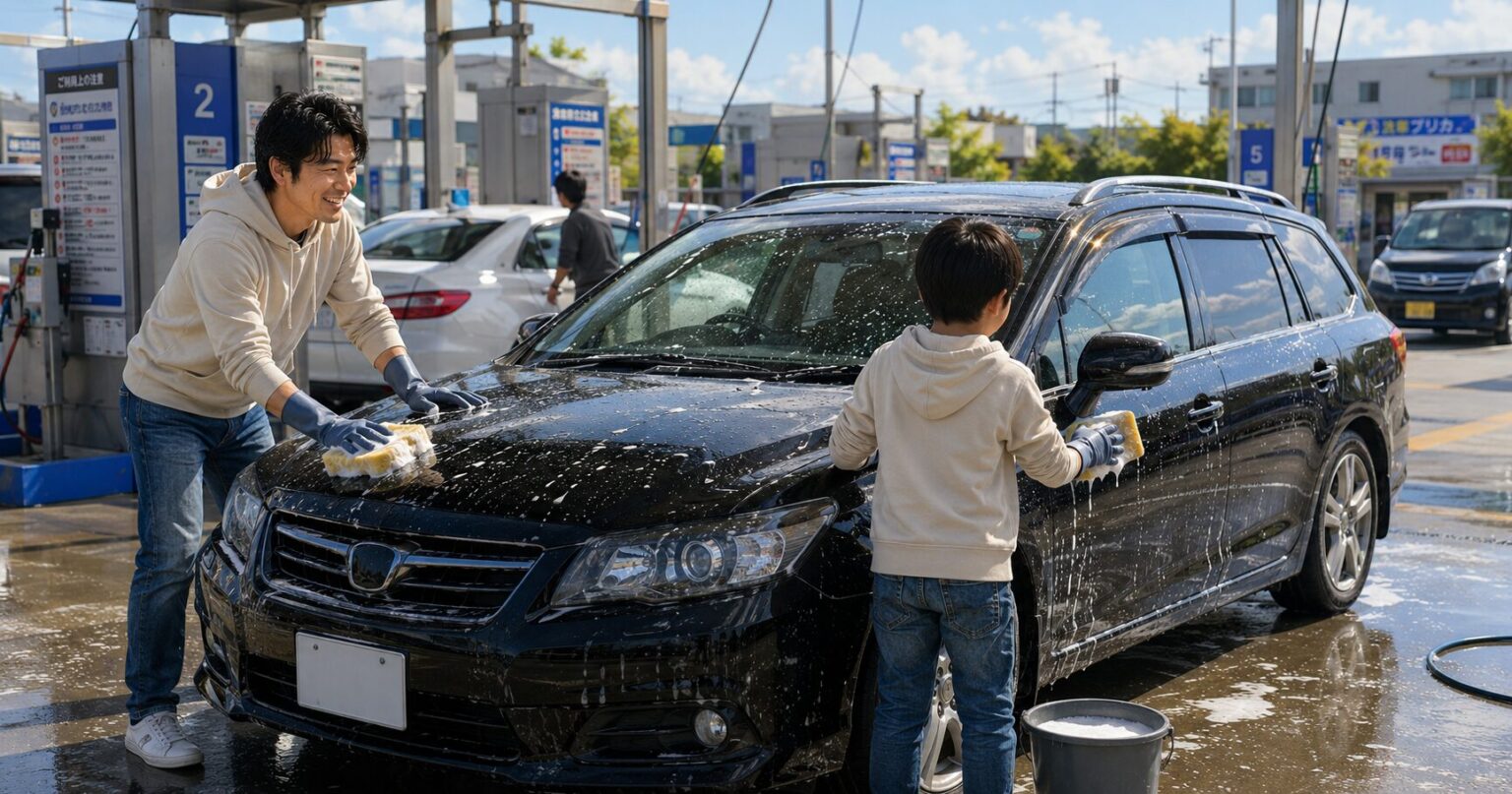 休日に洗車をする40代男性と子供