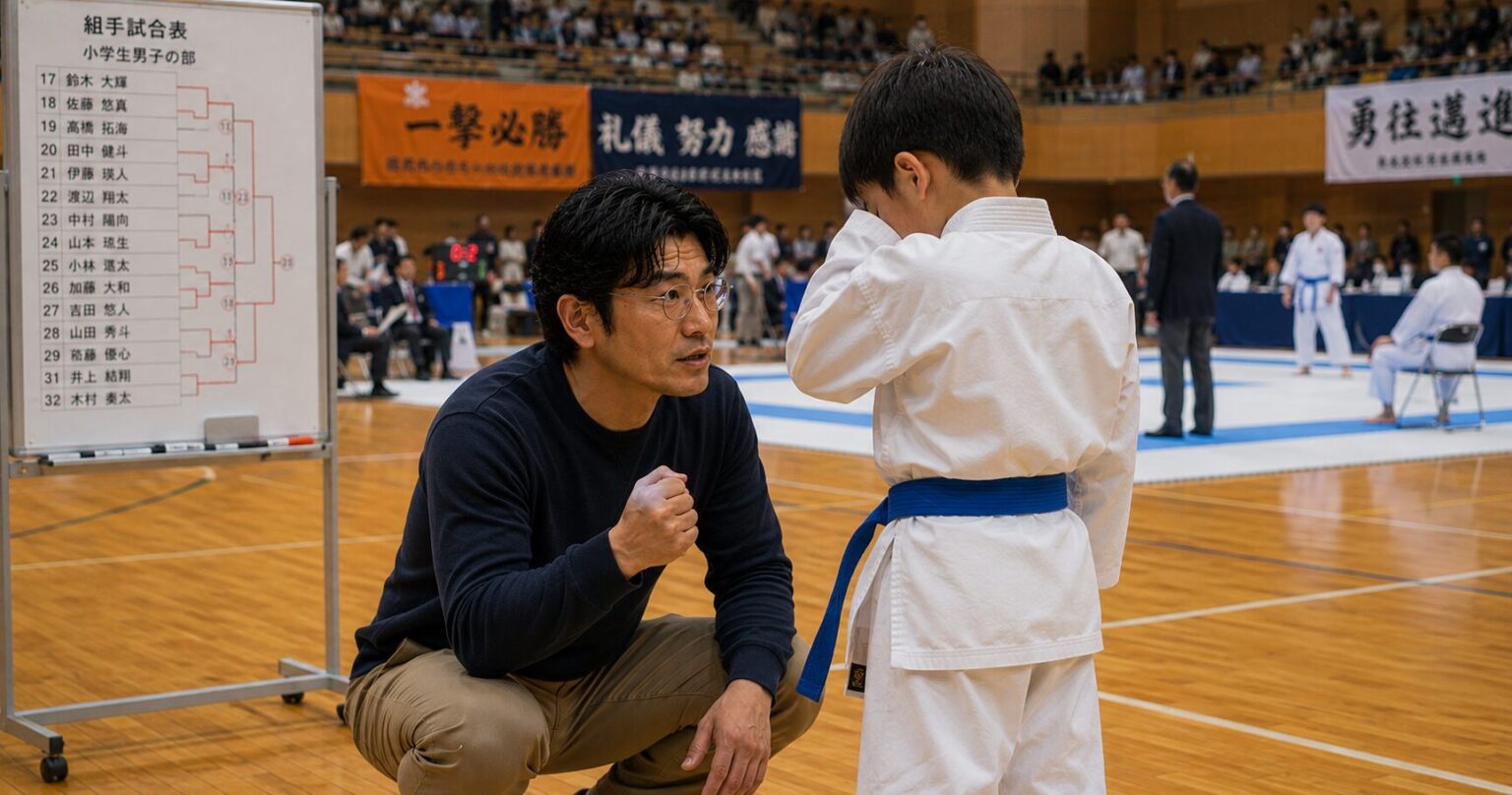 空手の試合で子供を見守る40代男性