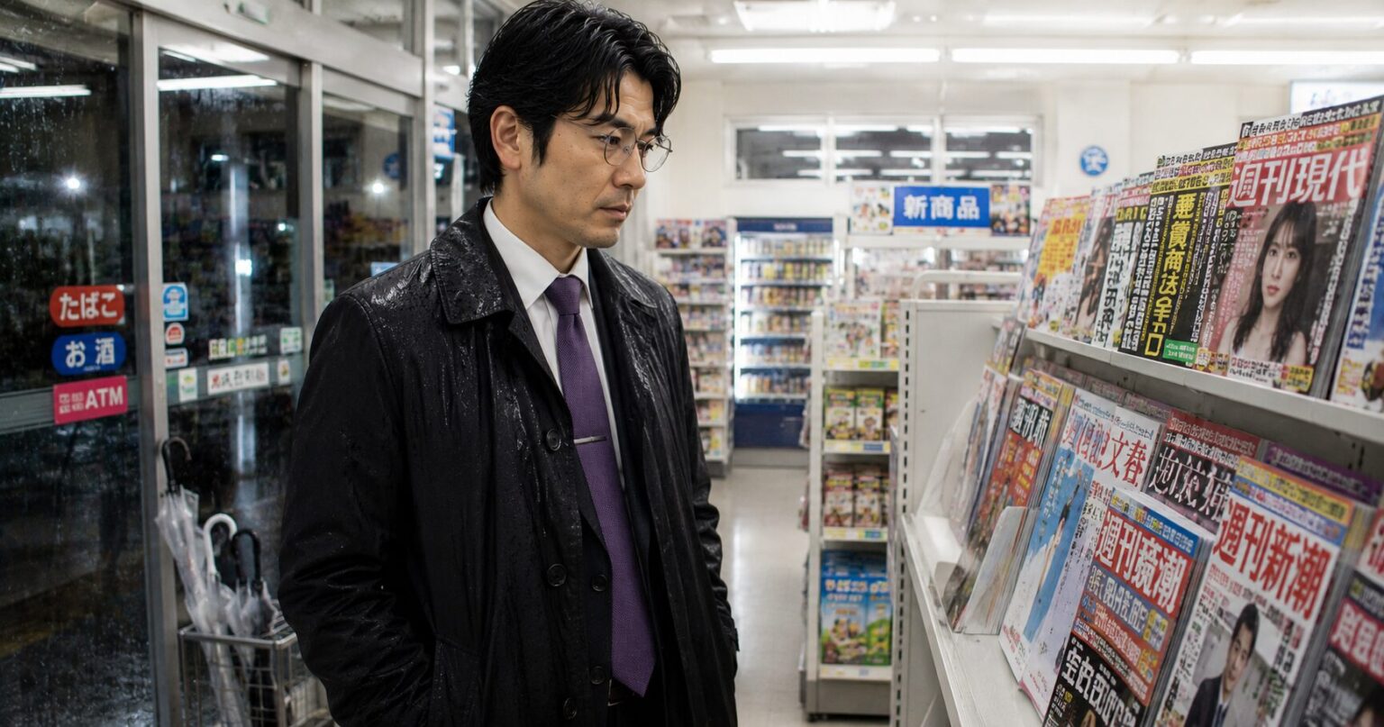帰宅途中荷コンビニに寄って、雑誌コーナーで立ち止まる40代男